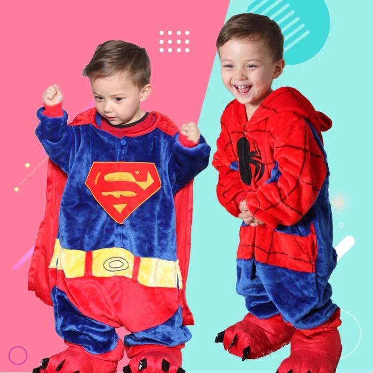 SPIDERMAN ONESIE COSTUME SUPERMAN MARVEL AVENGERS KIDS PAJAMA COSPLAY PARTY