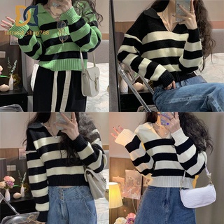 STYLE 🔥พร้อมส่ง🔥83068*เสื้อกันหนาว เสื้อไหมพรมแขนยาว คอวี เสื้อไหมพรมลายทาง ลายทางไหมพรมนิ่มสุดๆ