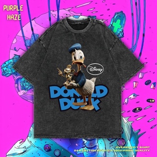 แขนสั้นcrew neckเสื้อยืด ขนาดใหญ่ พิมพ์ลาย Donald Duck สีม่วง | หินล้างทําความสะอาด | เสื้อยืด ลายการ์ตูน | เสื้อยืด ขนา