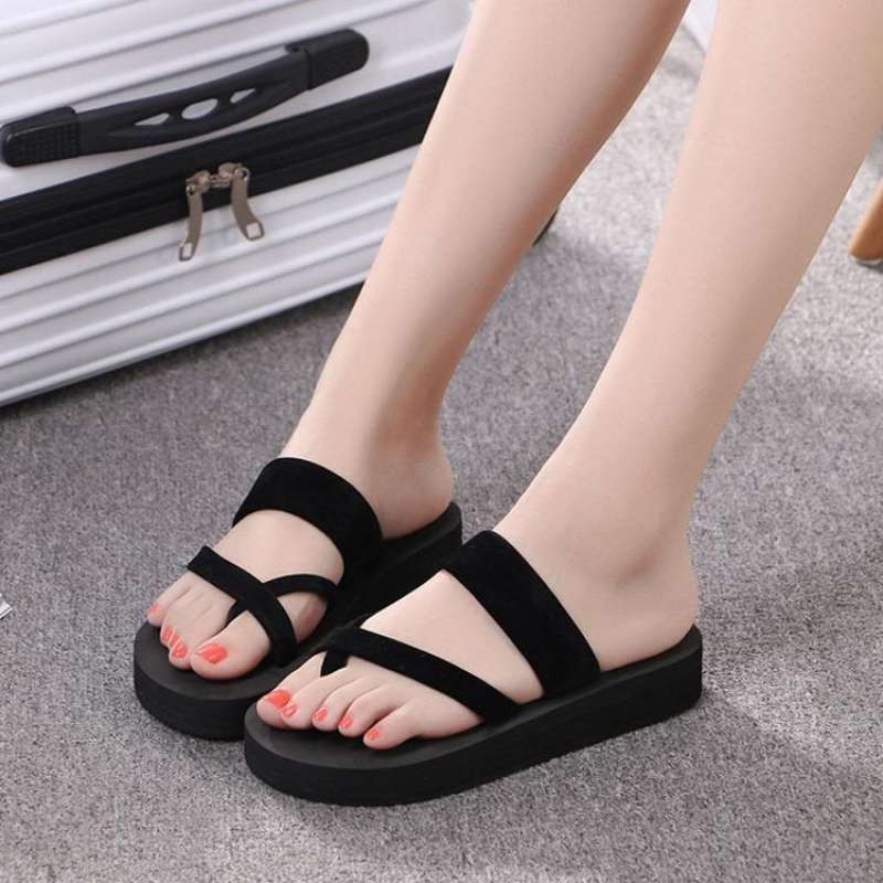 Fashion Women's Toe slippers รองเท้าแตะสวม แบบรัดส้นมีหู ความสูง 3cm รุ่น A520 (สีดำ.สีแดง)