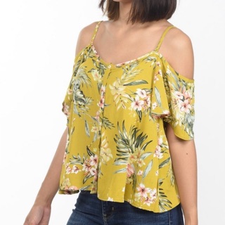 SEOULISTA เสื้อสายเดี่ยวเปิดไหล่ผู้หญิง ลายดอกไม้ สีเหลือง