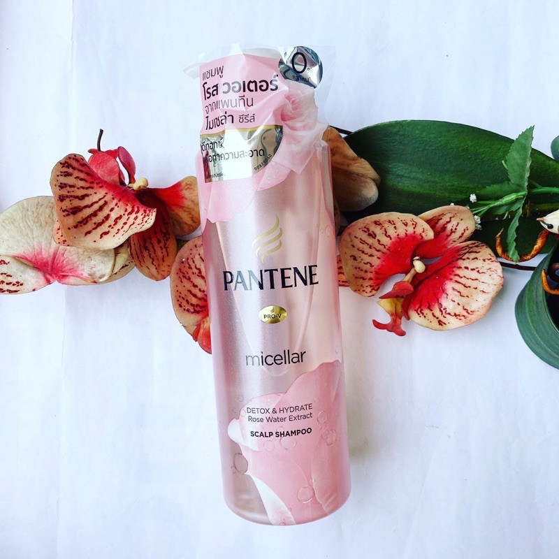 530 ml. ผลิต 08/25 Pantene PRO-V Micellar Detox & Hydrate Rose Water Extract Scalp Shampoo แชมพู แพนทีน สีชมพูใส