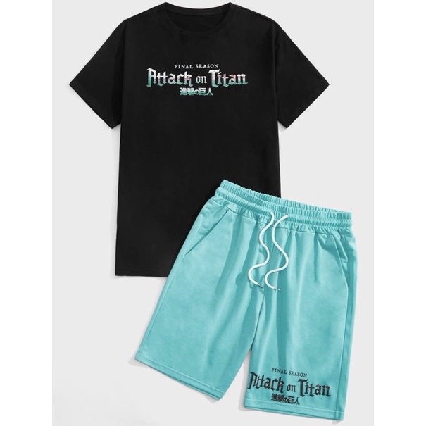 >พร้อมส่ง< เซ็ตชุด2ชิ้น เสื้อยืดดำ+กางเกงมิ้น ผ่าพิภพไททัน (สินค้างานลิขสิทธิ์แท้100% X Attack On Ti
