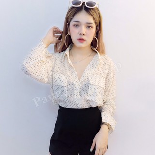 เสื้อเชิ้ตลายจุด ผ้าชีฟองเนื้อดี Cop brand