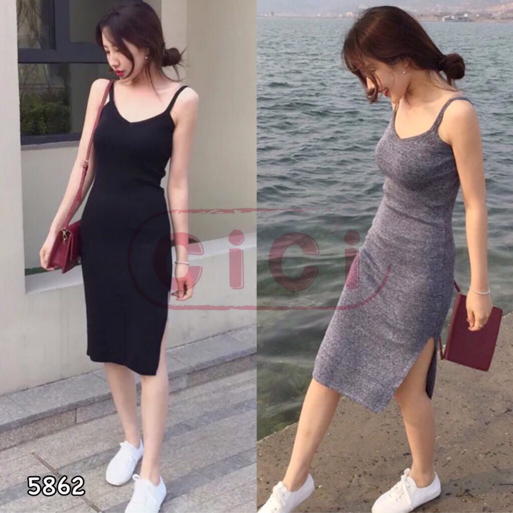 Cicishop(พร้อมส่ง)เดรสยาวสายเดี่ยว ผ้าไหมพรม[5862]