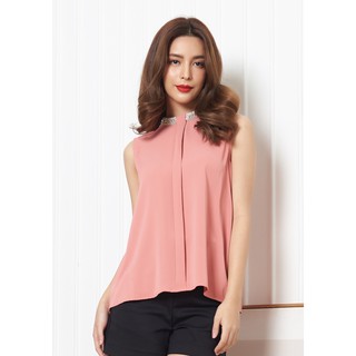 Lady Plus เสื้อแต่งเพชรรอบคอจับจีบหน้า | Sleeveless Blouse เสื้อแขนกุด เสื้อทำงาน ชีฟอง สีชมพูโอรส