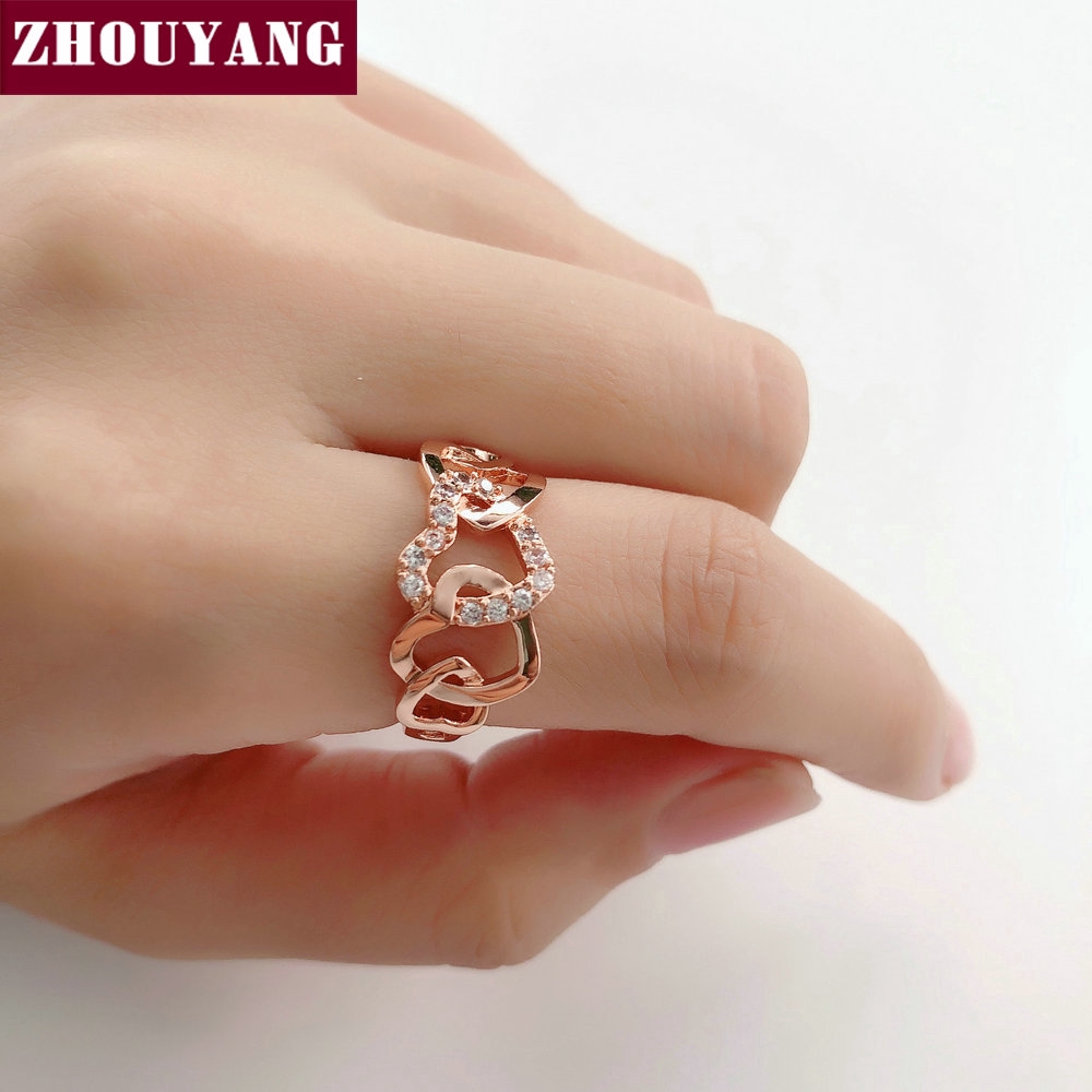 ZHOUYANG แหวน  สำหรับผู้หญิงโรแมนติกกลวงออกจากหัวใจที่หัวใจ Cubic Zirconia Rose Gold สี Christmax ของขวัญเครื่องประดับแฟชั่น R668