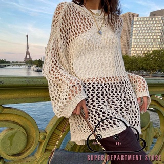 Women Sexy Hollow-out Knit Smock Blouse Loose Round Neck Fishnet Pullover Knitwear