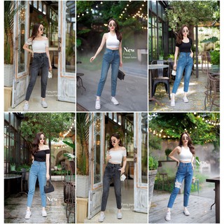 กางเกงยีนส์เอวสูงทรงบอย ผู้หญิง(Womans Jeans)👖👖กระดุม 2 เม็ด ปิดสะดือสไตล์วิเทจ ผ้ายีนส์แท้100%ไม่ยืด