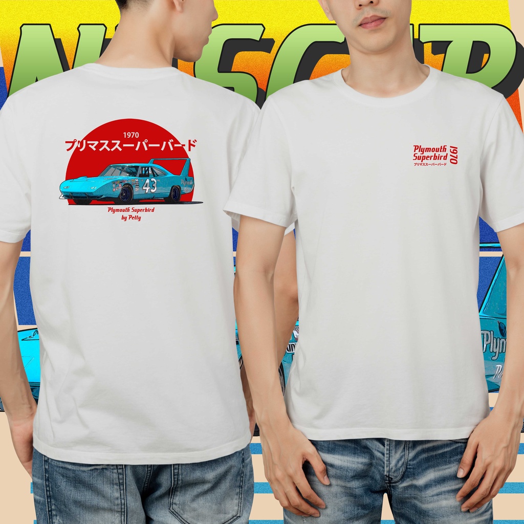 แขนสั้นcrew neckNascar Plymouth Superbird เสื้อยืด 1970 สไตล์ญี่ปุ่น สีขาวกรมท่า สีดํา คุณภาพพรีเมี่
