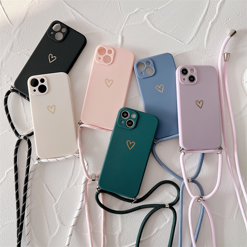 เคสโทรศัพท์มือถือ ซิลิโคนนิ่ม ลายหัวใจ พร้อมสายคล้องไหล่ สําหรับ Iphone 13 12 Pro Max Mini 13pro Max 12pro
