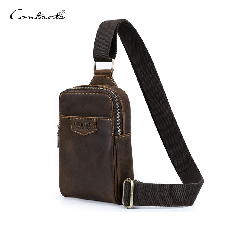 CONTACT'S ของหนังแท้ผู้ชายกระเป๋าหน้าอกกระเป๋าCrossbodyขนาดเล็กFanny Pack Casual Travelกระเป๋าสะพายMessengerถือมินิชาย