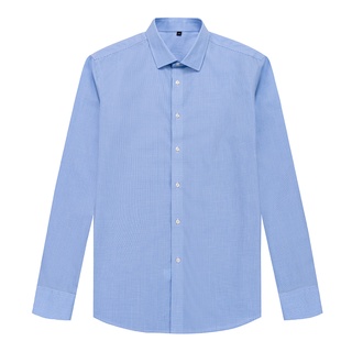 KINGMAN Original business dress shirt mens Blue fine grid เสื้อเชิ้ตสั่งตัด เสื้อเชิ้ตแขนยาว เสื้อเชิ้ตคอปก