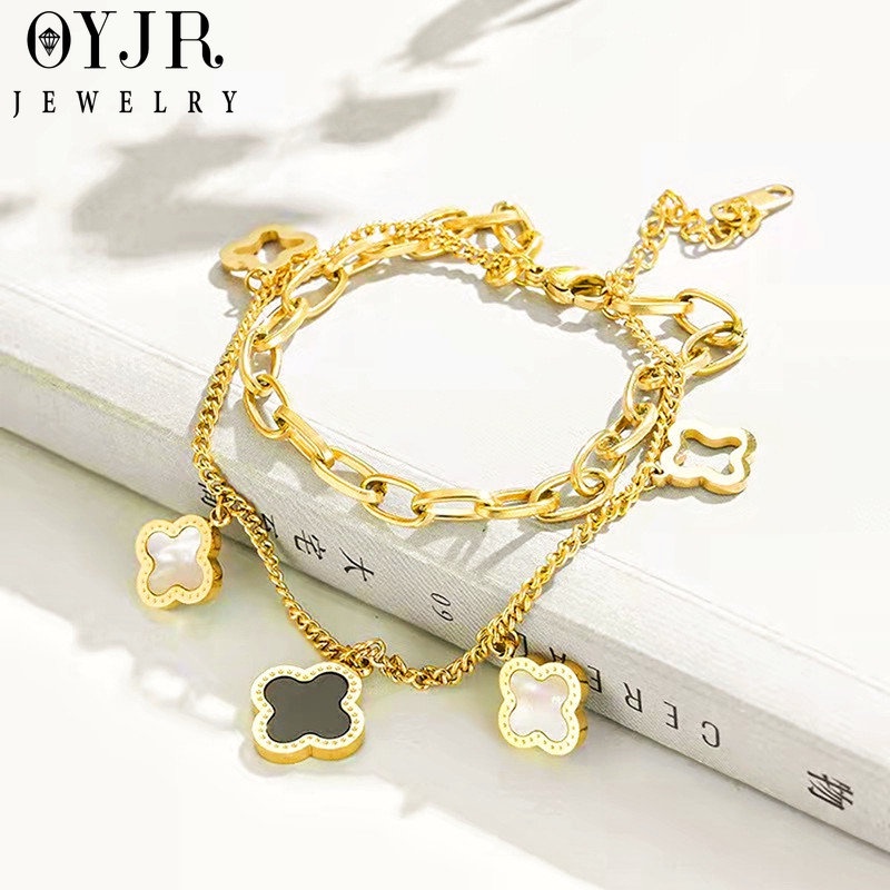 OYJR สร้อยข้อมือไม่ลอกไม่ดำ  สร้อยข้อมือสแตนเลสแท้ ข้อมือเก๋ๆแบบสองชั้นสำหรับผู้หญิง - รูปที่ 7
