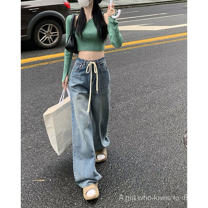 กางเกงยีนขากว้าง เอวสูง ทรงอสมมาตร สีฟ้า สําหรับผู้หญิง Sk5662