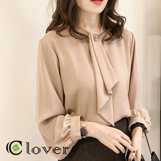 เสื้อแฟชั่นหญิงเสื้อเบลาส์ผ้าชีฟองแขนยาว Lantern Sleeve Tie Blouse 497