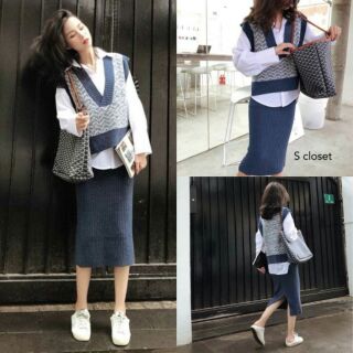 Set3ชิ้น เสื้อเชิ้ตขาว+เสื้อกั๊ก+กระโปรง