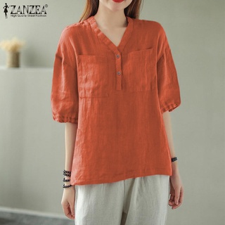 Zanzea เสื้อเบลาส์ลําลอง คอวี แขน 3/4 ติดกระดุม สีพื้น สําหรับสตรี