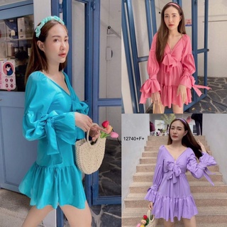 👗Pfashion [ส่งไว!!🚛] P12740 	เดรสแขนยาวอกผูกโบว์ปลายแขนระบายLong sleeve dress with bow tie at the cuffs