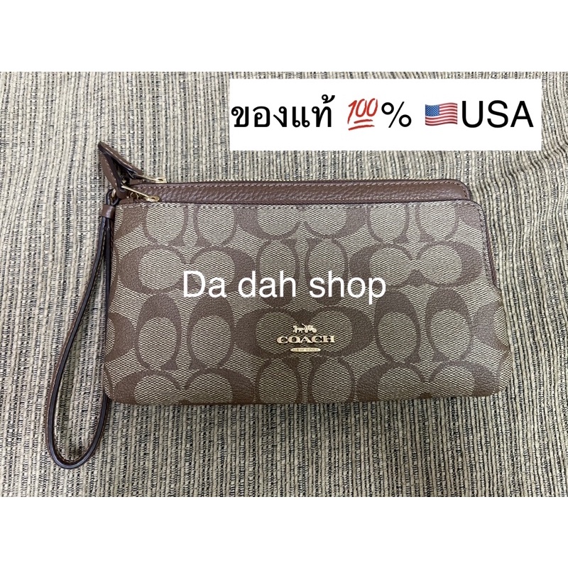 🌟พร้อมส่ง📌กระเป๋าตัง Coach 2ซิปL สีน้ำตาลลาย C Signature Canvas