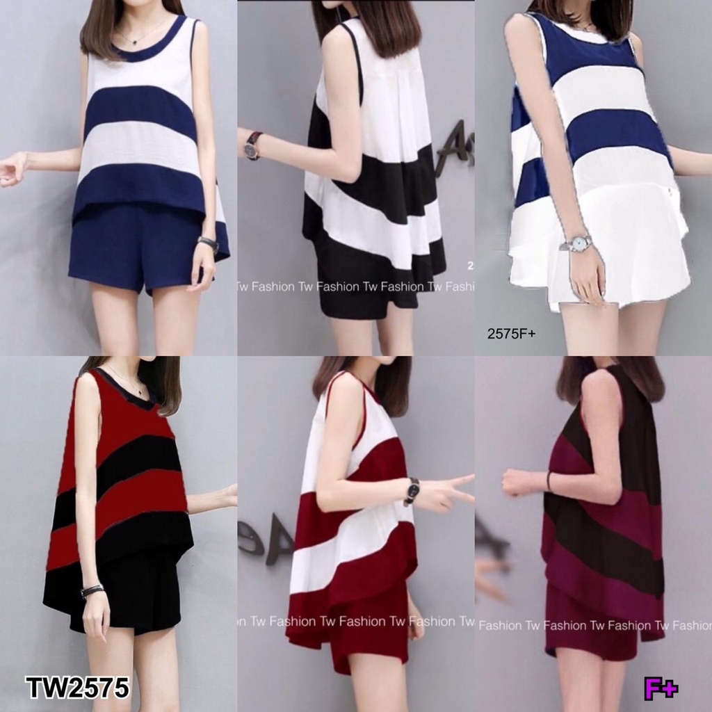 set 2ชิ้น เสื้อลายริ้วขาวกรมทรงหางปลา+กางเกง TT2575