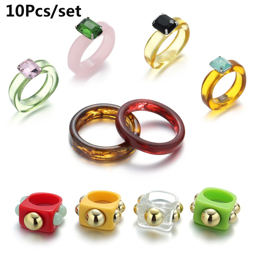 SOLIGHTER 10pcs Gift Colorful Ring Women Girls Acrylic Jewelry Resin ...