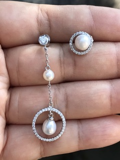 ต่างหูไข่มุกขาว ประดับเพชร cz NATURAL WHITE PEARL WHITE CZ EARRINGS 925 STERLING SILVER