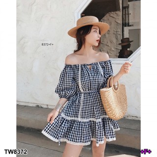 CS8372  เดรสปาดไหล่ลายสก็อต + สายผูกเอว