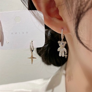ต่างหูเข็มเงิน S925 จี้รูปหมีน้อยน่ารัก ประดับเพทาย สไตล์เกาหลี สําหรับผู้หญิง