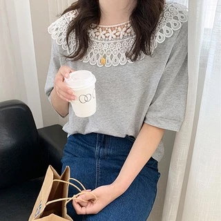 QKshop ✨เสื้อแฟชั่นแขนสามส่วนคอกลมแต่งลายลูกไม้🌺ตรงคอเสื้อมีสเน่ห์ฟุดๆ ผ้านิ่มสวมใส่สบายไม่หนาไม่ร้อน แต่งตัวง่าย ของดีแ