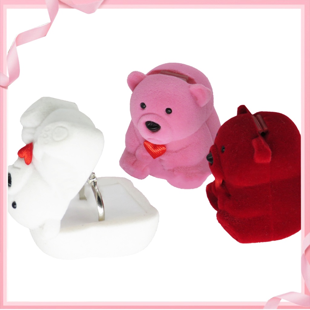 <BSTO> Creative Flocking Bear Love Heart Shape กล่องเก็บเครื่องประดับแหวนผู้ถือกล่อง