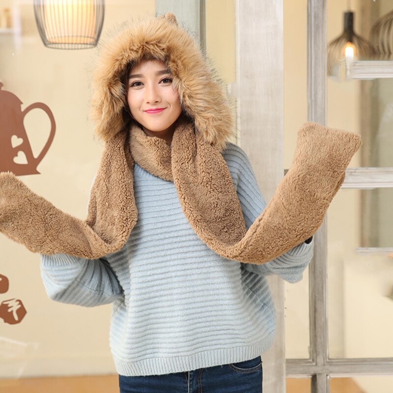 3 In 1 Women Winter Warm Soft Hood Scarf Snood Pocket Hats Gloves