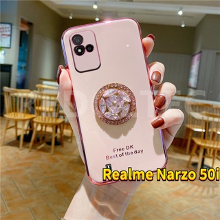 6D เคส Realme Narzo 50i ป้องกันเลนส์หรูหราซิลิโคนอ่อนเคสโทรศัพท์พร้อมที่วางขาตั้งเพชร