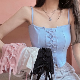 🌸X-Y🌸（พร้อมส่ง)เสื้อกั๊กสายเดี่ยวผูกหน้า（สำหรับตัวเล็ก) ใส่ได้2แบบ เสื้อครอป เกาะอก