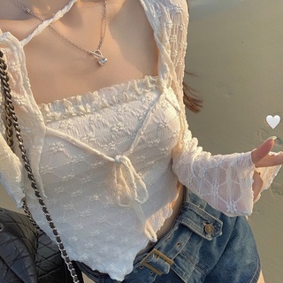 NZN เสื้อครอป เสื้อคอป เสื้อครอปสายเดี่ยวผู้หญิง เสื้อคาดิแกนแขนยาวผญ เสื้อแฟชั่นผญ สไตล์เกาหลี เซต2ชิ้น