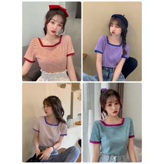 เสื้อคอเหลี่ยม ลายทาง รุ่นฟรีไซส์ มีให้เลือก 4 สี