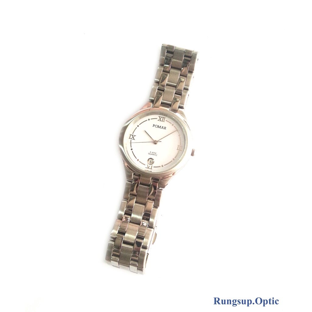 นาฬิกาข้อมือ POMAR สแตนเลสสีเงินทั้งตัว หน้าปัดสีขาว กันน้ำได้