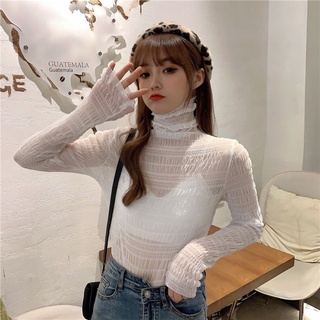 High collar mesh lace shirt pleated bubble long sleeve T-shirt womens four seasons new temperament slim solid color bot