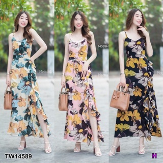 Maxi Dress เดรสยาว สายเดี่ยวไขว้สายด้านหลัง แต่งผ้าระบายและผ่าด้านข้าง