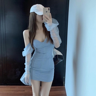 Women Sexy  Dress Slim Off Shoulder Dress  Bodycon Skirt เดรส ชุดเดรสสั้นเหนือเข่า