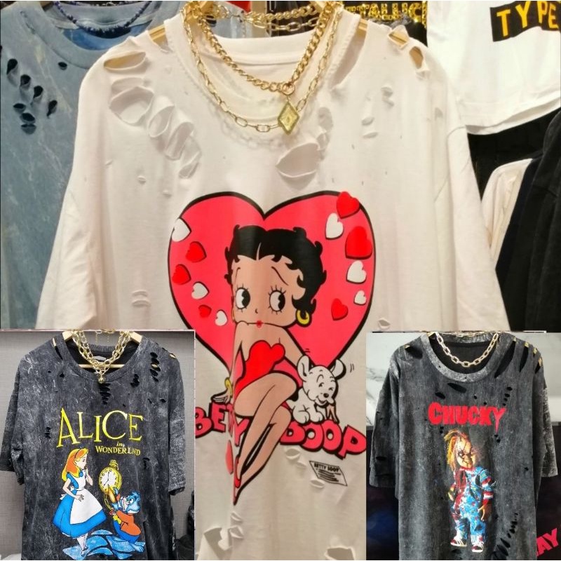 เสื้อขาด เสื้อโอเวอร์ไซส์ ลายการ์ตูน/ลายน่ารัก อก44-46" ยาว28" ผ้าคอตตอน ผ้าฟอก แต่งขาดแฟชั่น ใส่ได้ทั้งผู้ชายและผู้หญิง