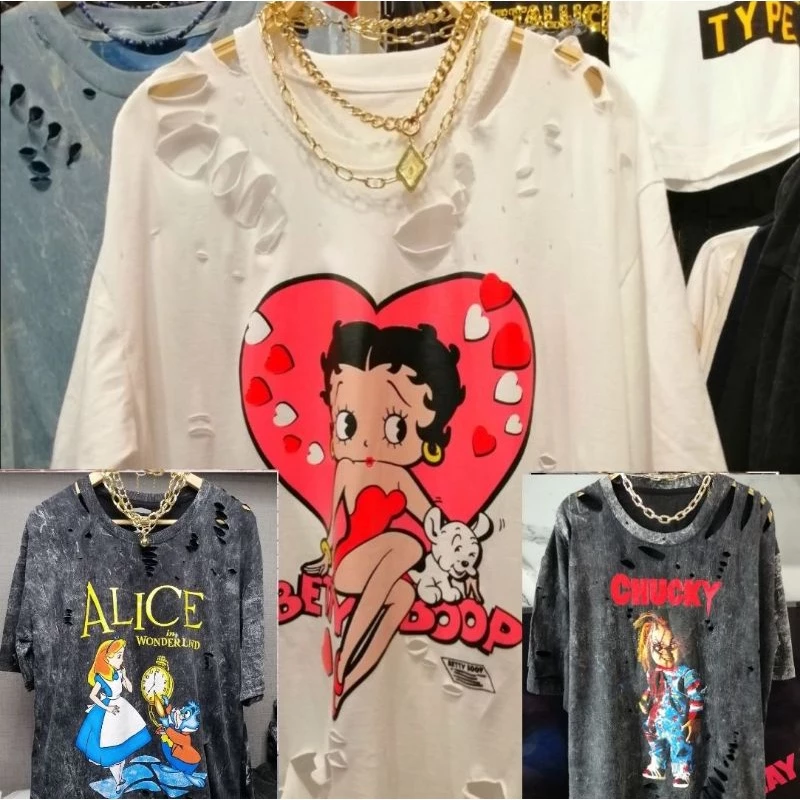 เสื้อขาด เสื้อโอเวอร์ไซส์ ลายการ์ตูน/ลายน่ารัก อก44-46" ยาว28" ผ้าคอตตอน ผ้าฟอก แต่งขาดแฟชั่น ใส่ได้ทั้งผู้ชายและผู้หญิง