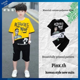 💖Pinx💖ชุดเสื้อยืดแขนสั้นเด็กชาย 2022 ใหม่วัยกลางคนเด็กเกาหลีหลวมชุดสูทสองชิ้น