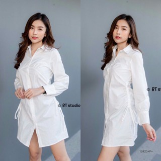 เดรสคอปก ผ้าคอตตอนทอเนื้อหนา สีขาว ดีเทลรูดเชือกด้านข้าง