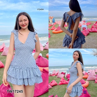 SS17245 เดรส แขนกุดไหล่ระบาย ผูกโบว์หลัง ลายดอกไม้ Sleeveless dress with ruffled shoulders, bow tie at the back