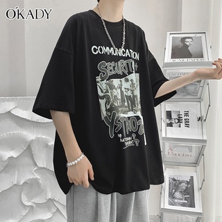 OKADY เสื้อยืดคอกลมแขนสั้นผู้ชายฤดูร้อนพิมพ์ลายกราฟฟิตี้แบบหลวมๆ