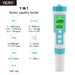 YIERYI pH Meter, 7-in-1 PH/TDS/EC/ORP/S.G/ความเค็ม/Temp Meter พร้อม ATC, 0.01 ความละเอียดความแม่นยำสูงเครื่องทดสอบคุณภาพน้ำ