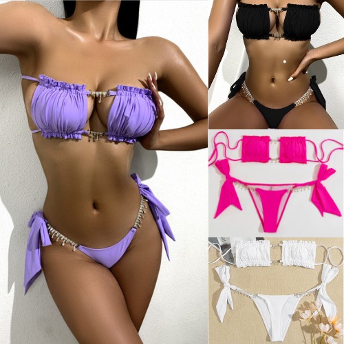SALE ทูพีช Bikini แต่งคริสตัลระยิบระยับ ชุดแบบผูก หรูมาก 7สี ชุดว่ายน้ำบิกินี่สายฝอ สุดฮิต แซ่บ เซ็กซี่