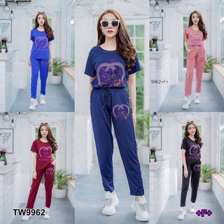 TwinsShopVip💗พร้อมส่ง TW9962 Set เสื้อปักมิกกี้ + กางเกงแถบข้าง