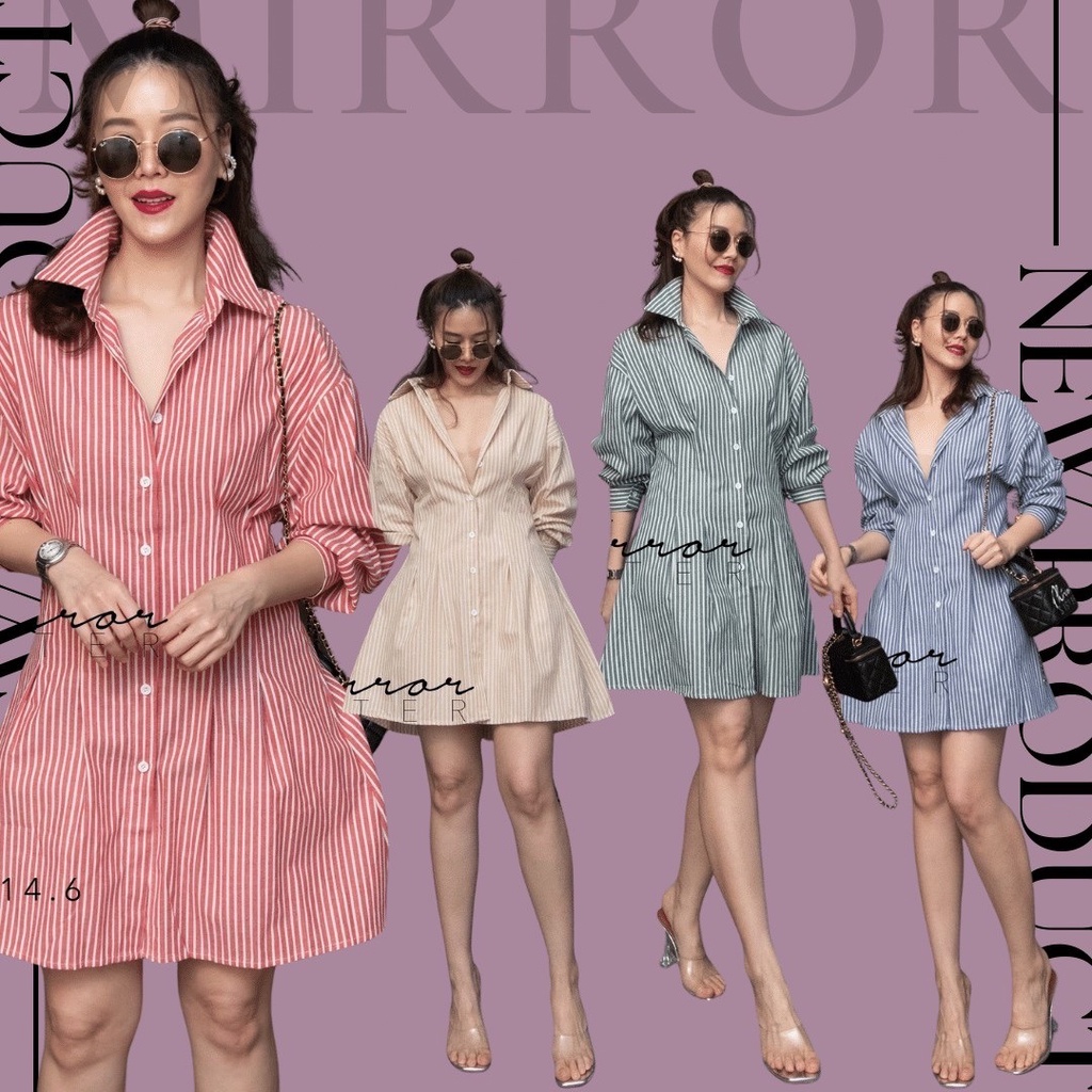 🏷Mirrorsister #20314.6 เดรสเชิ้ตลายริ้วทางลง ชุดทำงาน ชุดไปเที่ยว เดรสลายทาง